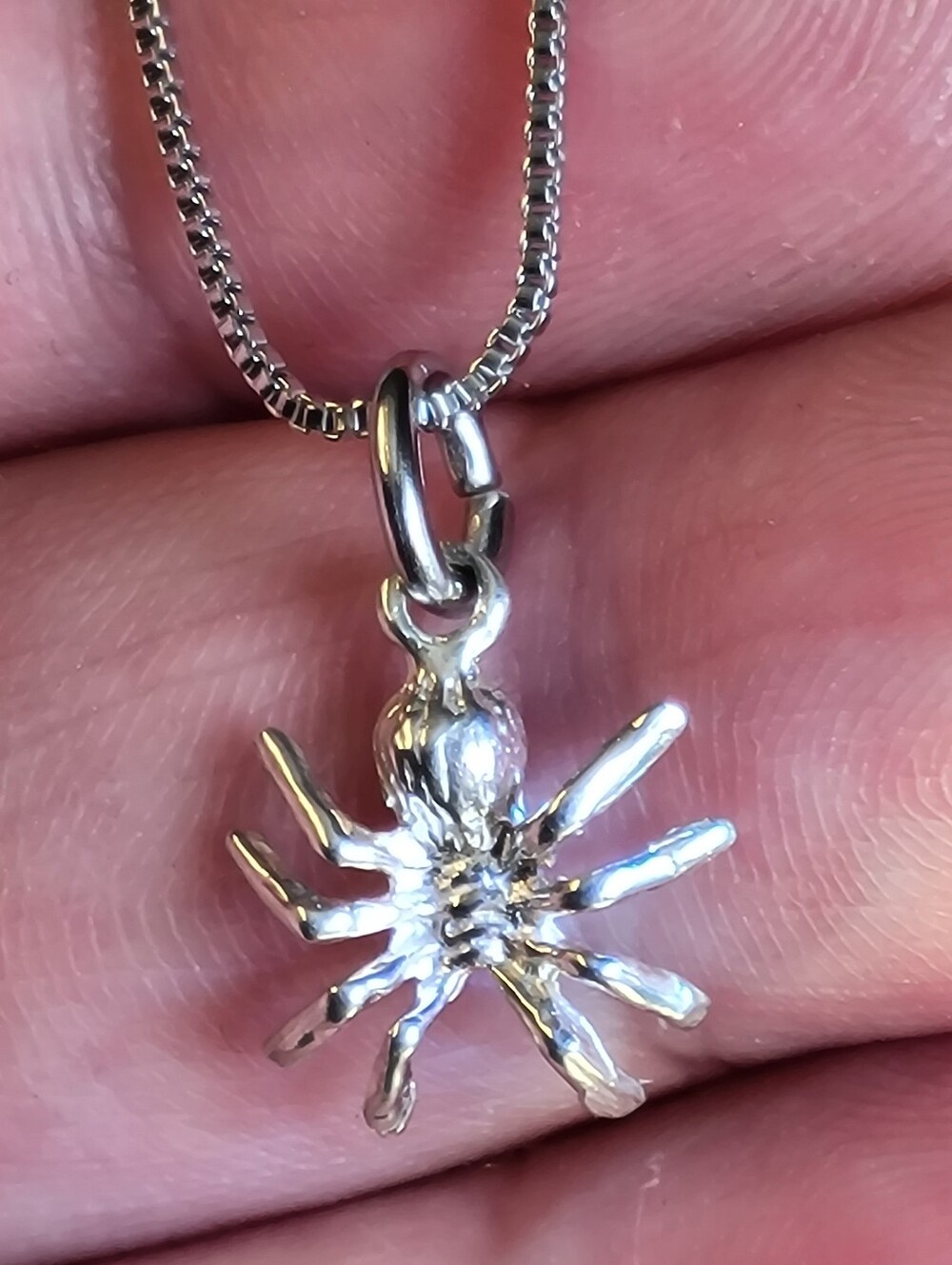 Vintage 925 Sterling Silver Spider Pendant Necklace 18” Box Chain Set Gothic